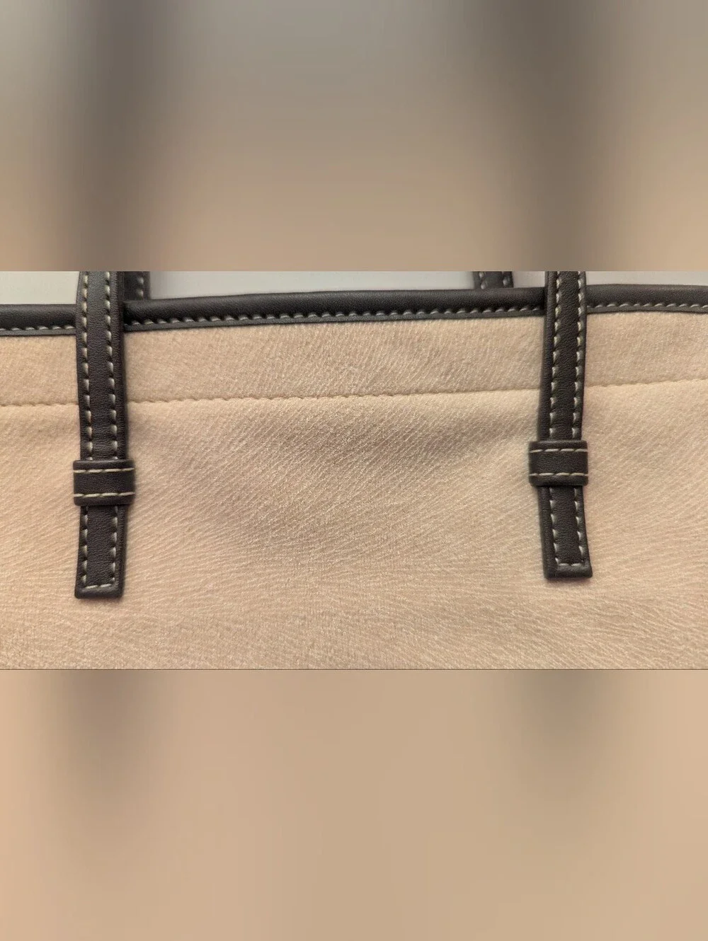 Lancome Beige Brushed Felt Brown Leather Trim Lined Zippered Clutch Tote 8.5
